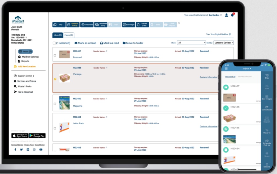 iPostal1 virtual mailbox platform displayed on laptop and smartphone.